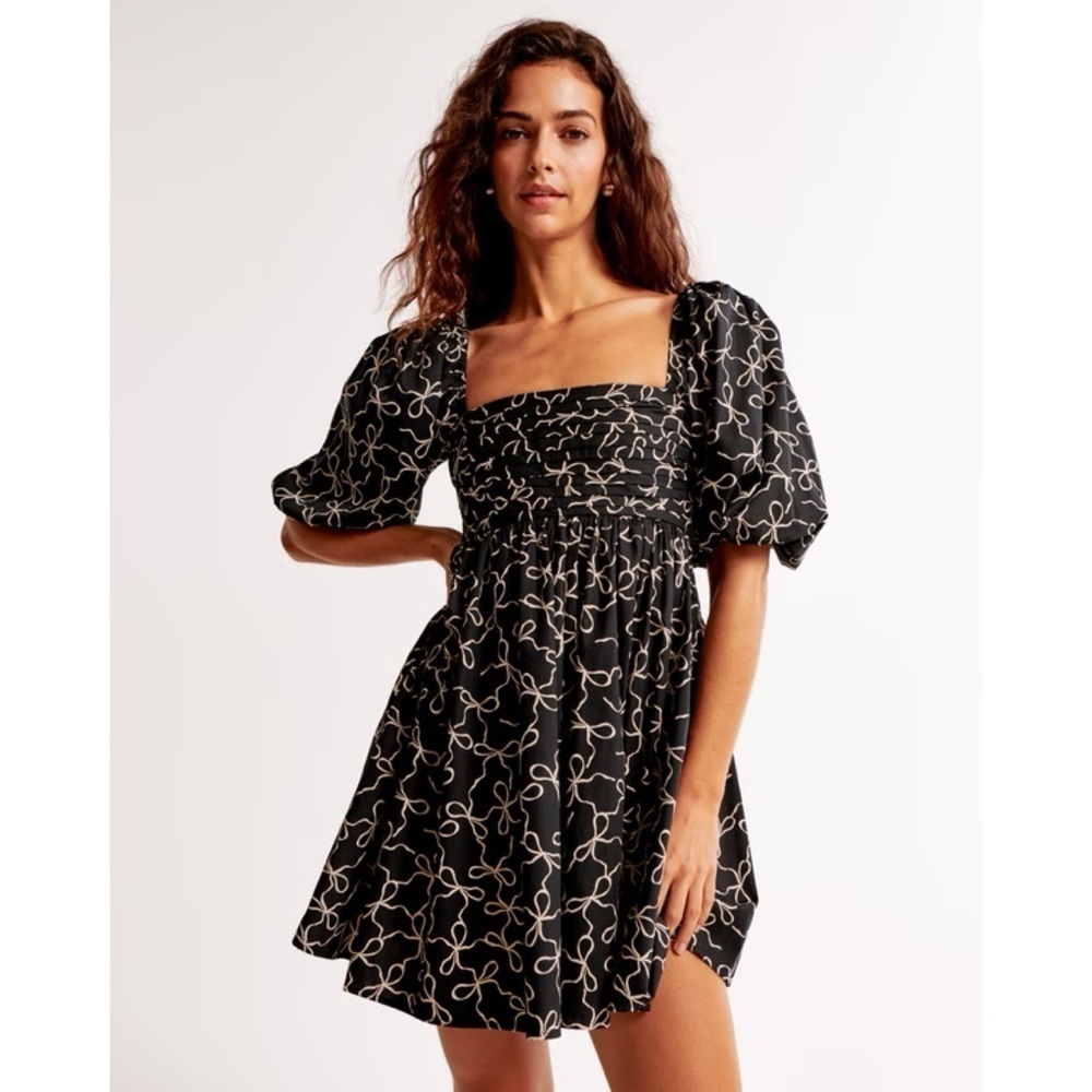 Abercrombie & Fitch Dress Emerson Poplin Puff Sleeve Mini Bows Black Sz SP